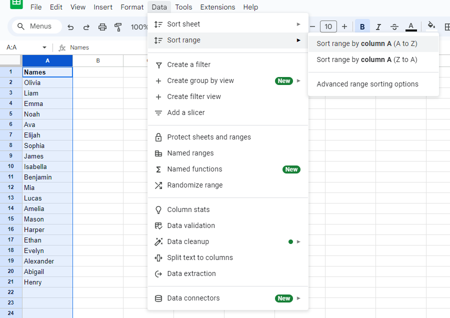 Basic alphabetical sorting of a column in Google Sheets